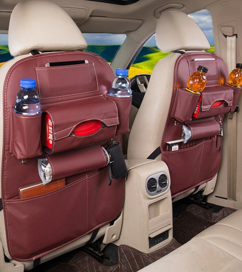 1Pcs PU Leather Car Back Seat Organizer Storage Tissue Box Bottle Tablet and Holder Pocket - Mahroon