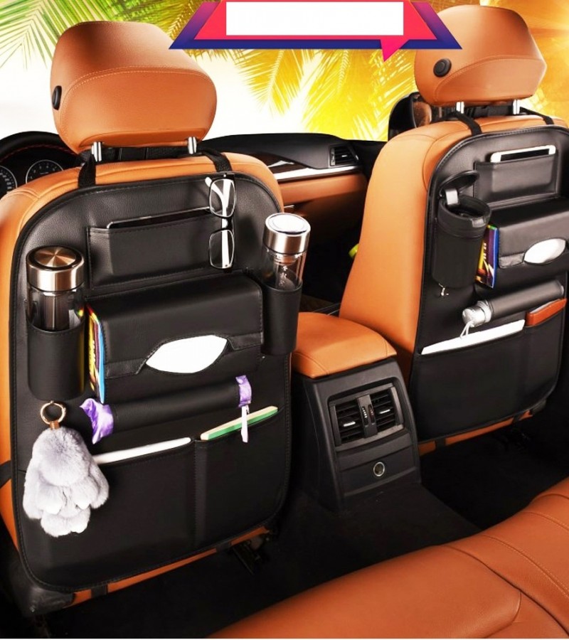 1Pcs PU Leather Car Back Seat Organizer Storage Tissue Box Bottle Tablet and Holder Pockets - Black