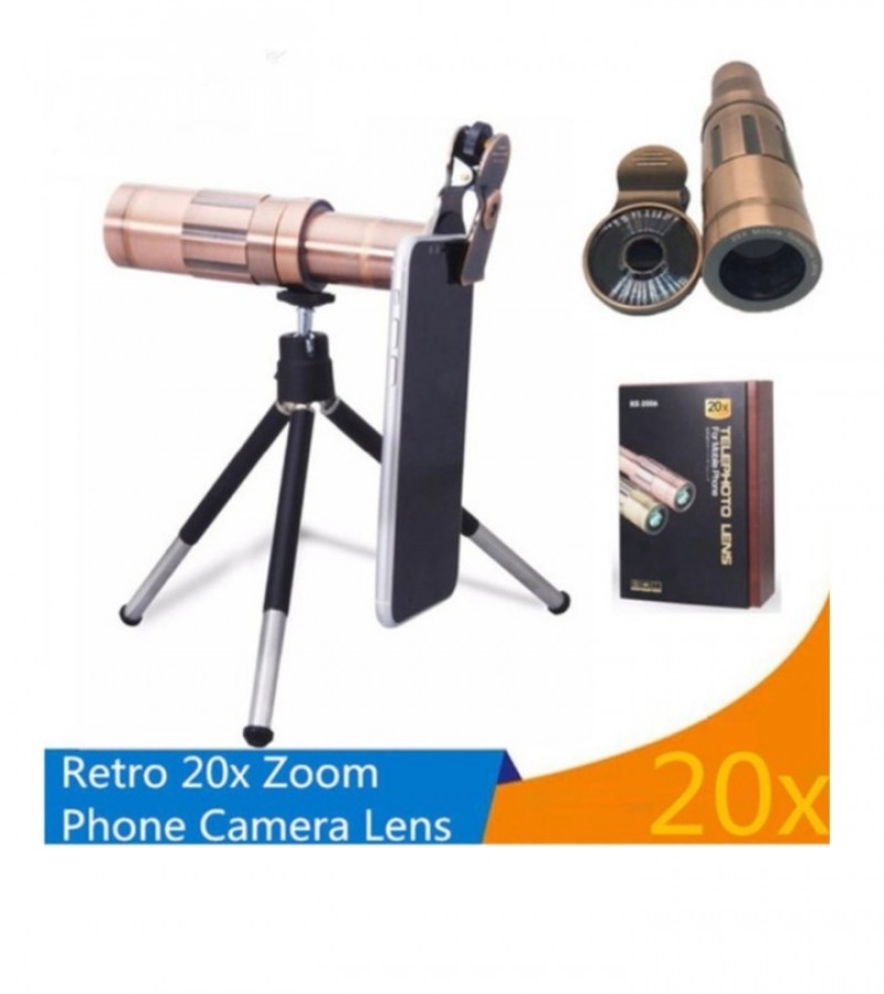 20X Zoom Mobile Phone Telescope Lens Optical Telephoto Camera With Tripod - Golden