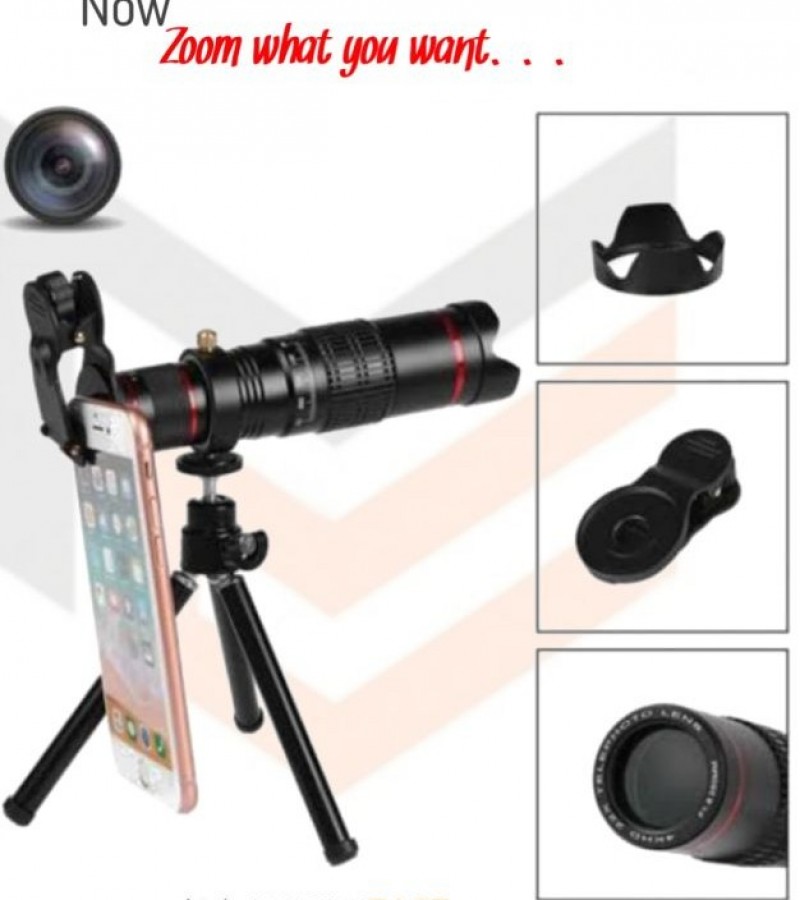 26X Telephoto Mobile Zoom Camera Lens+Tripod - Black