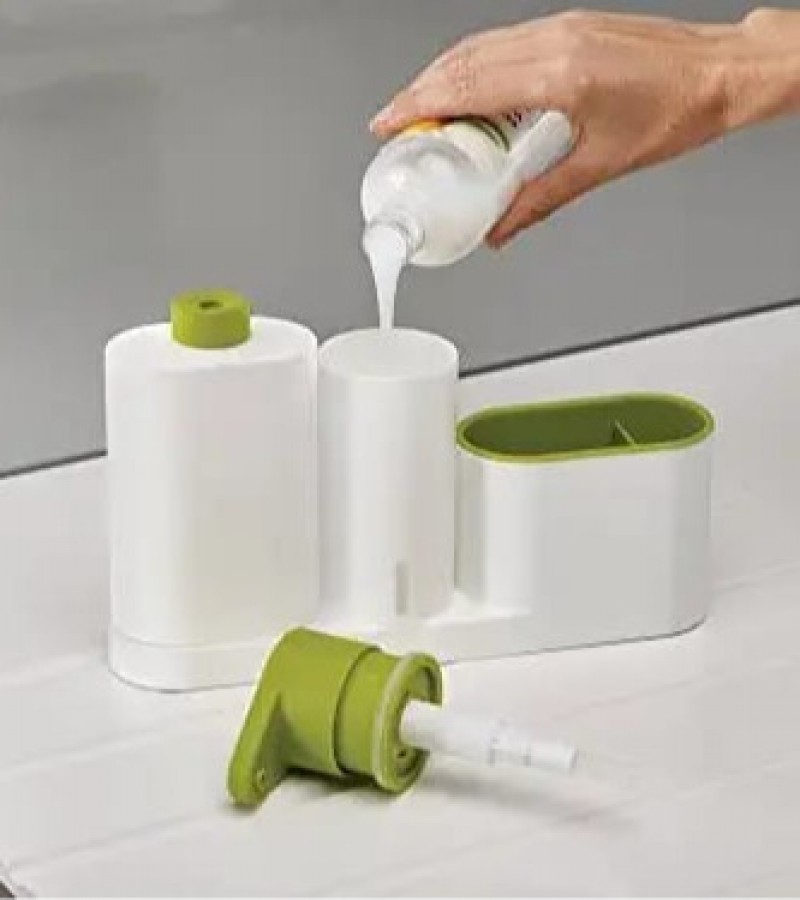 3 in 1 Stand Kitchen Sink Tidy Liquid Soap Dispenser & Cleaning Cloth Holder and Liquid Bottle
