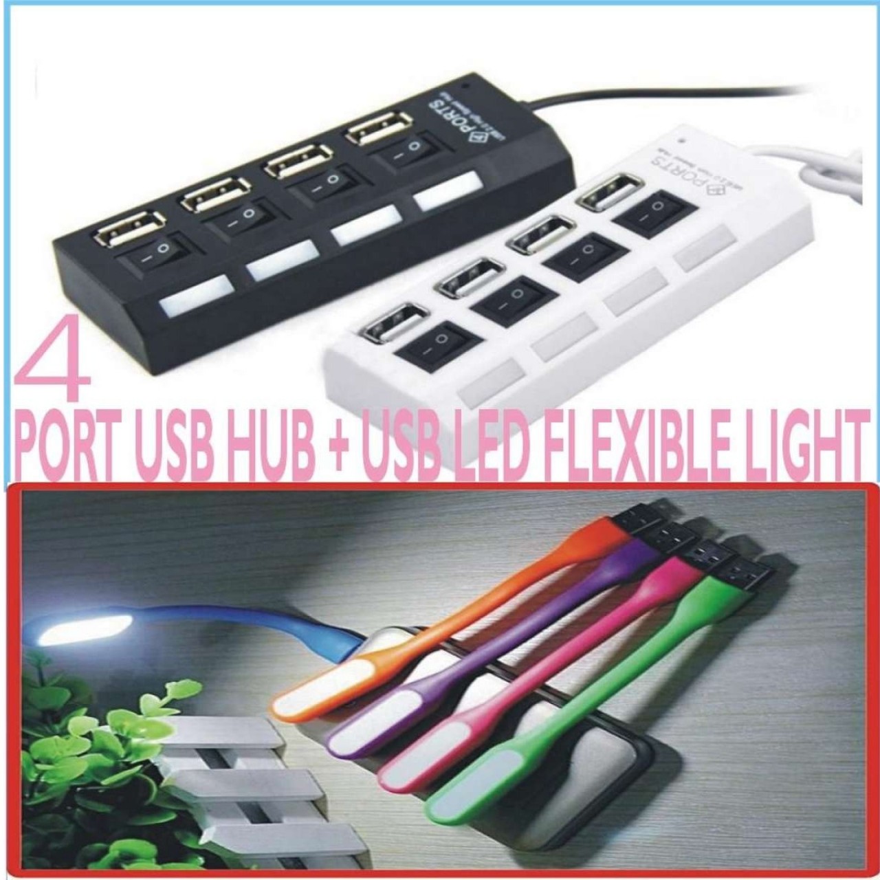 Pack of 2 USB Hub Special With 4 Ports - On Off Buttons - Flexible Light