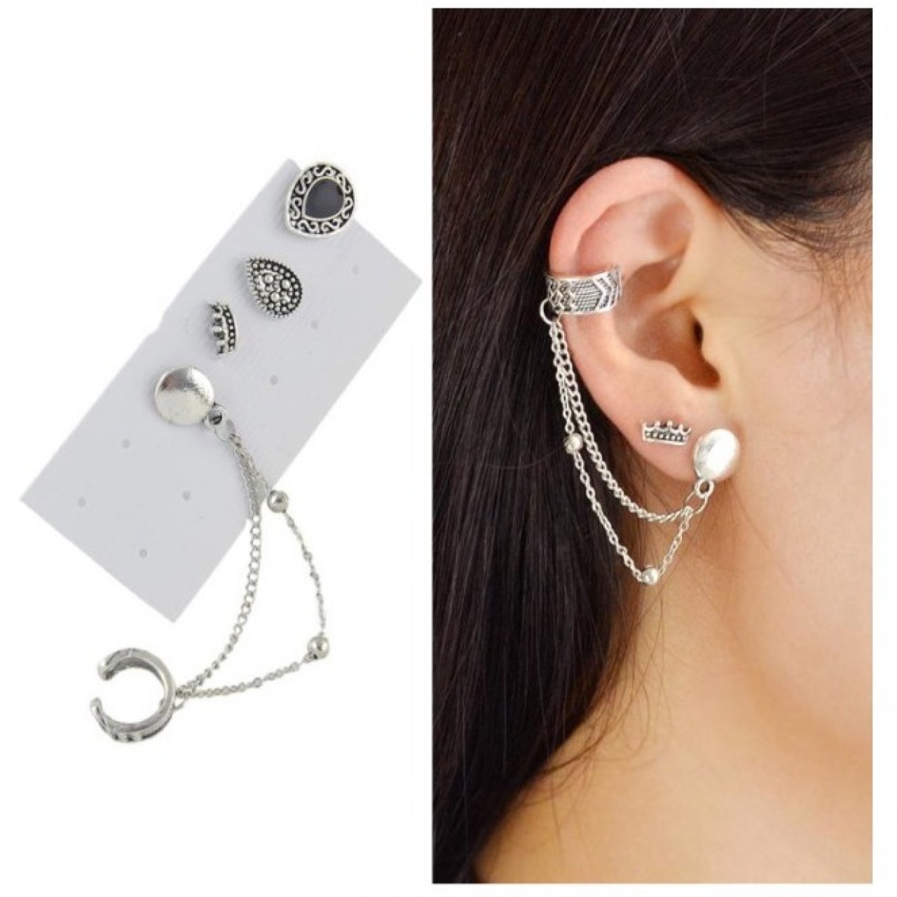 4pcs Antique Silver Color Water Drop Crown Shape Stud Earrings