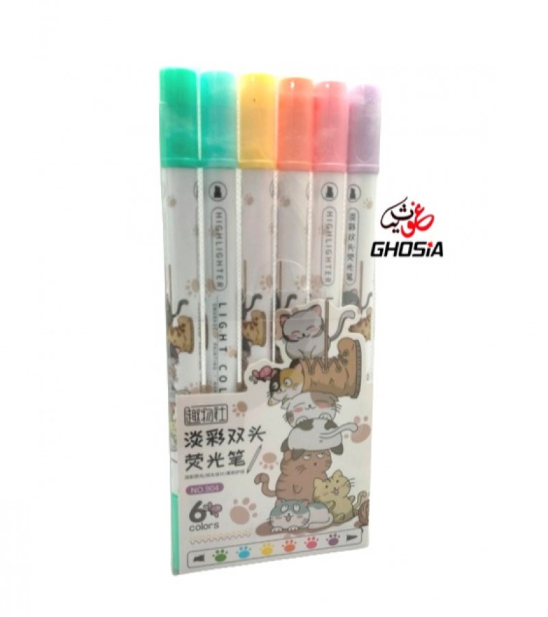6pcs 2 in 1 Highlighter Marker & Fineliner Pen Set Cartoon Printed Double Tip Markers – 904