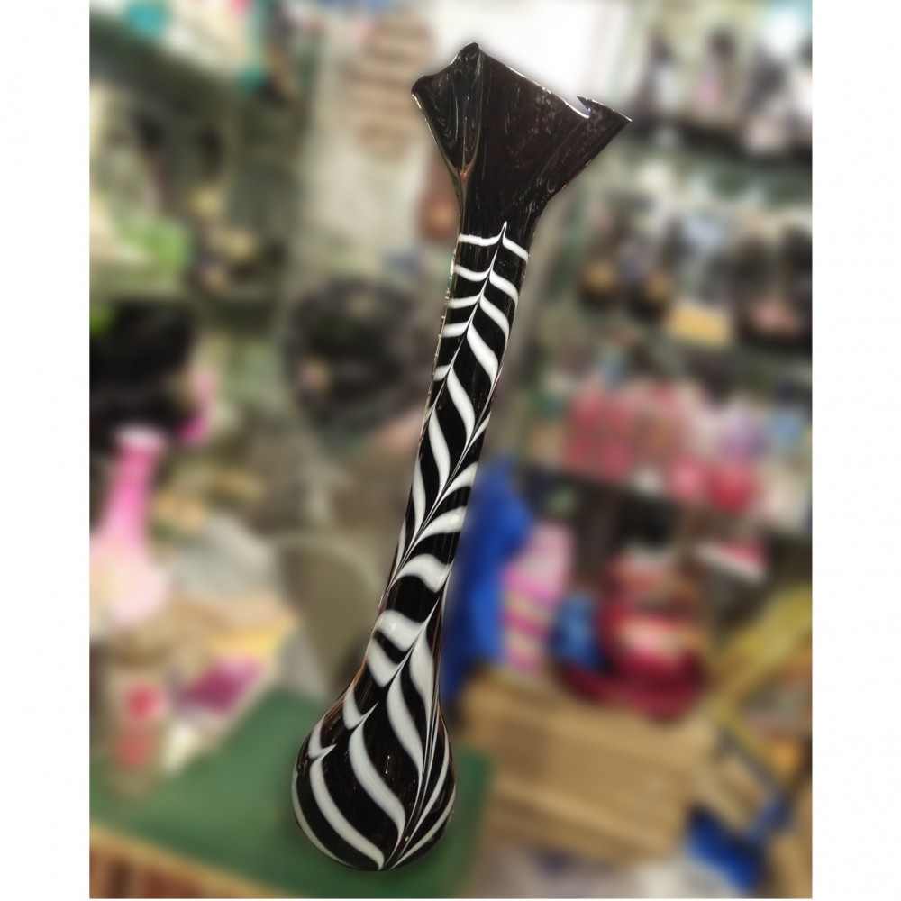 Black Curved Printed Glass Vase Guldaan With White Stripes For Home Decoration