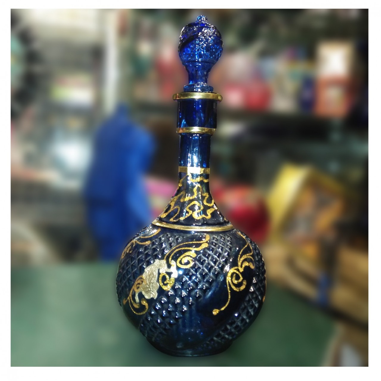 Blue Glass Surahi For Home Decoration