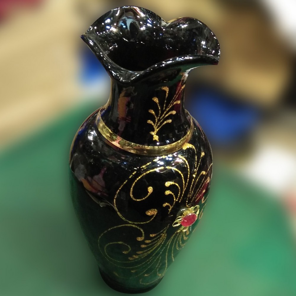 Gold Colour Printed Glass Vase Guldaan For Home Decoration - Black