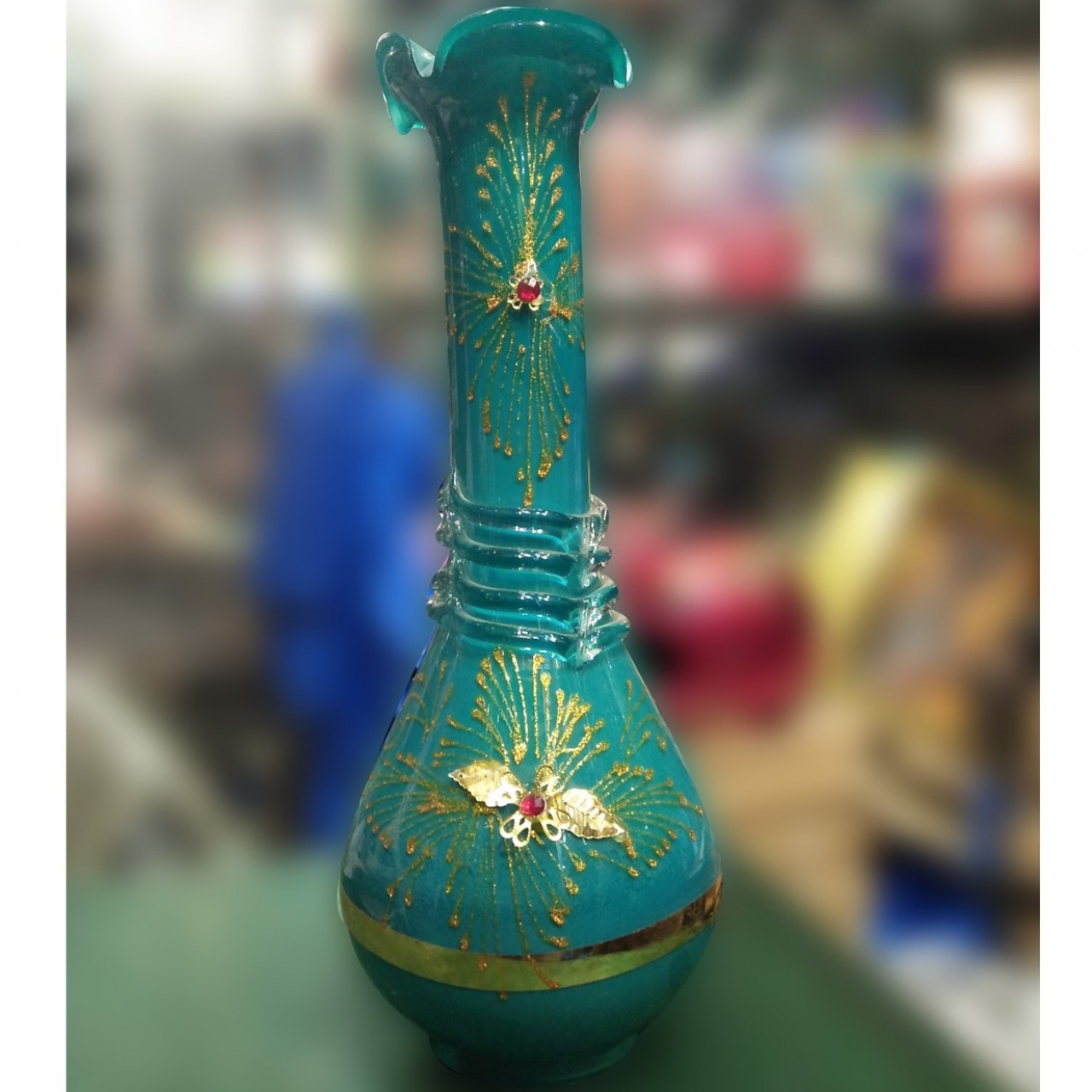 Green Glass Surahi For Office & Home Decoration