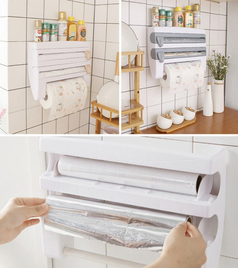 4 in 1 Kitchen Paper Roll Holder Wall Attach Kitchen Food Wrap Dispenser Triple Paper Dispenser Tissue Holder Spice Organizer