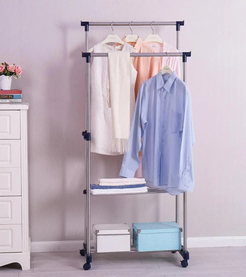 Adjustable Portable Double Pole Coat Clothes Garment / Hanging Rack Rolling Organizer Display with Wheels Shoes Rack Buy