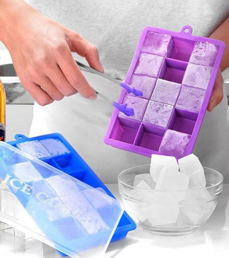 ICE CUBE TRAY Easy Push Pop out Square Silicon Ice Cubes Tray 15 Cubes - AABA MALL