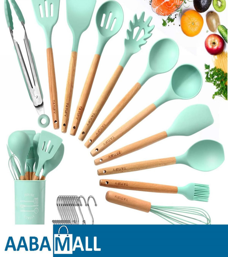 11 PCS Silicone Kitchen Utensil Set with Wooden Handle Plastic