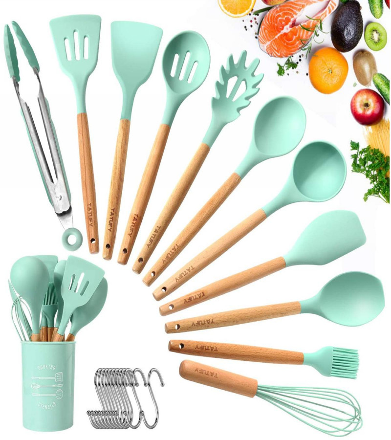 Kitchen Utensil Set 11 PCS Cooking Utensils With Plastic Utensil Holder, Non-stick Silicone and Heat Resistant Wooden Utensils.
