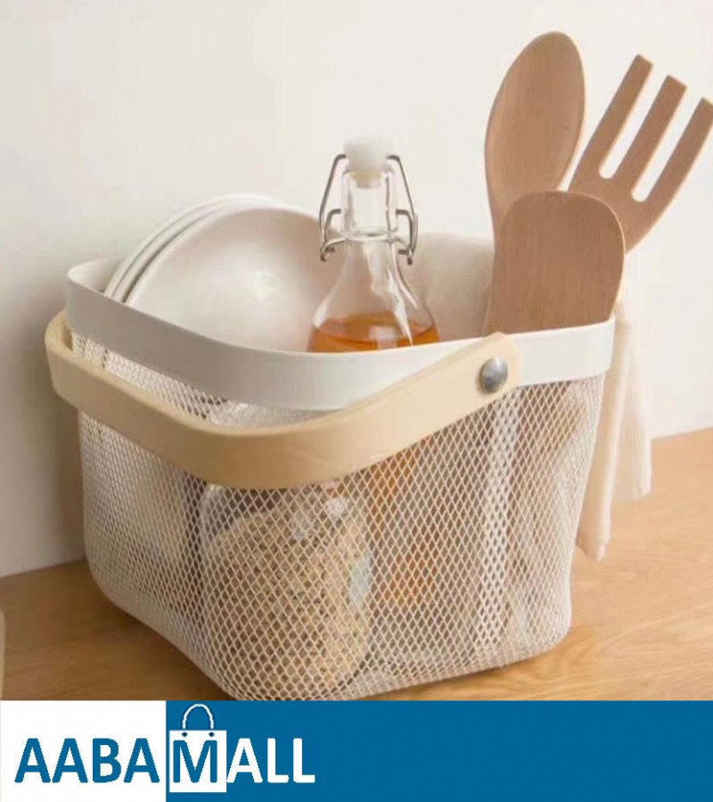 Metal Food Storage Basket With Wood Handle Kitchen Bathroom Draining Fruit Vegetables Sundries Gadget - Sale Price