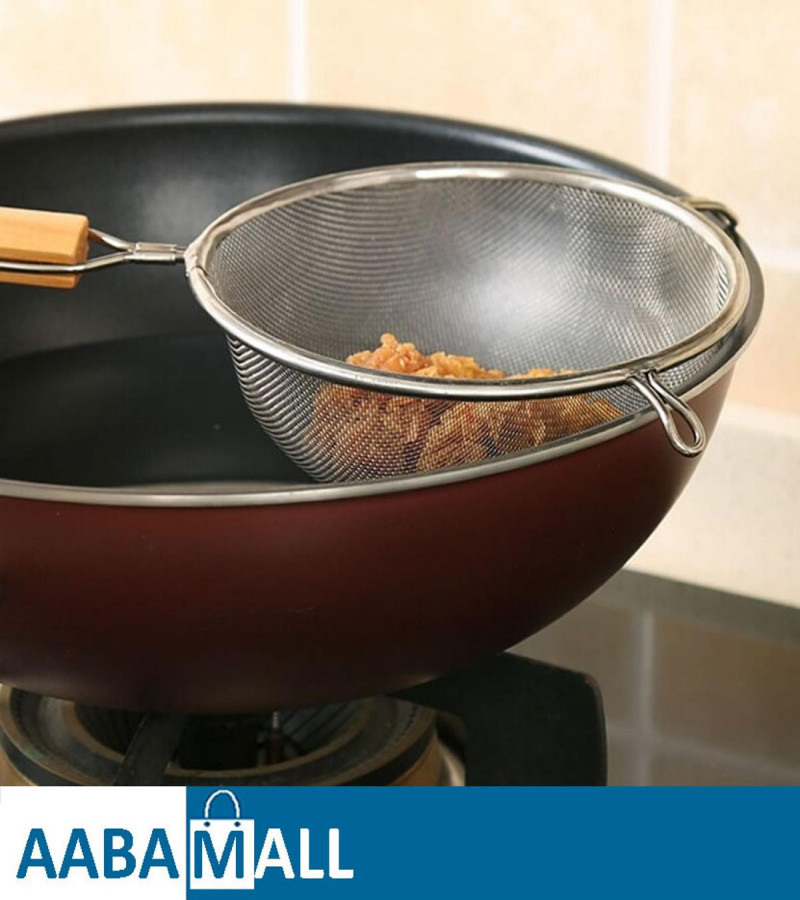 Stainless Steel Deep Frying Mesh Strainer Colander Wooden Handle - Medium