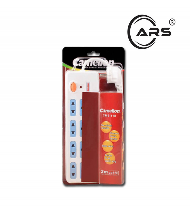 Camelion 4+4 Power Socket Extension, 8-Outlets, 3m Cable, Surge Protected, Overload Safety, CMS-118