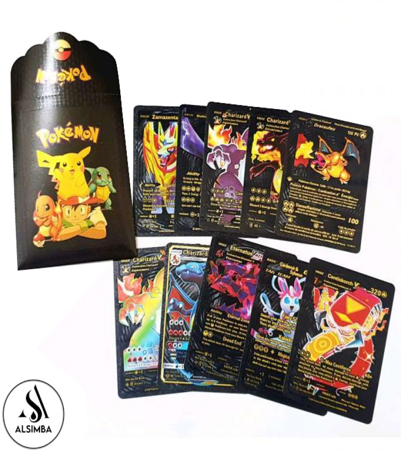Alsimba 10 Pcs Rare Pokemon Black Foil Cards - English TCG Anime Cartoon Set for Kids Fans Gifts Collectible Toys