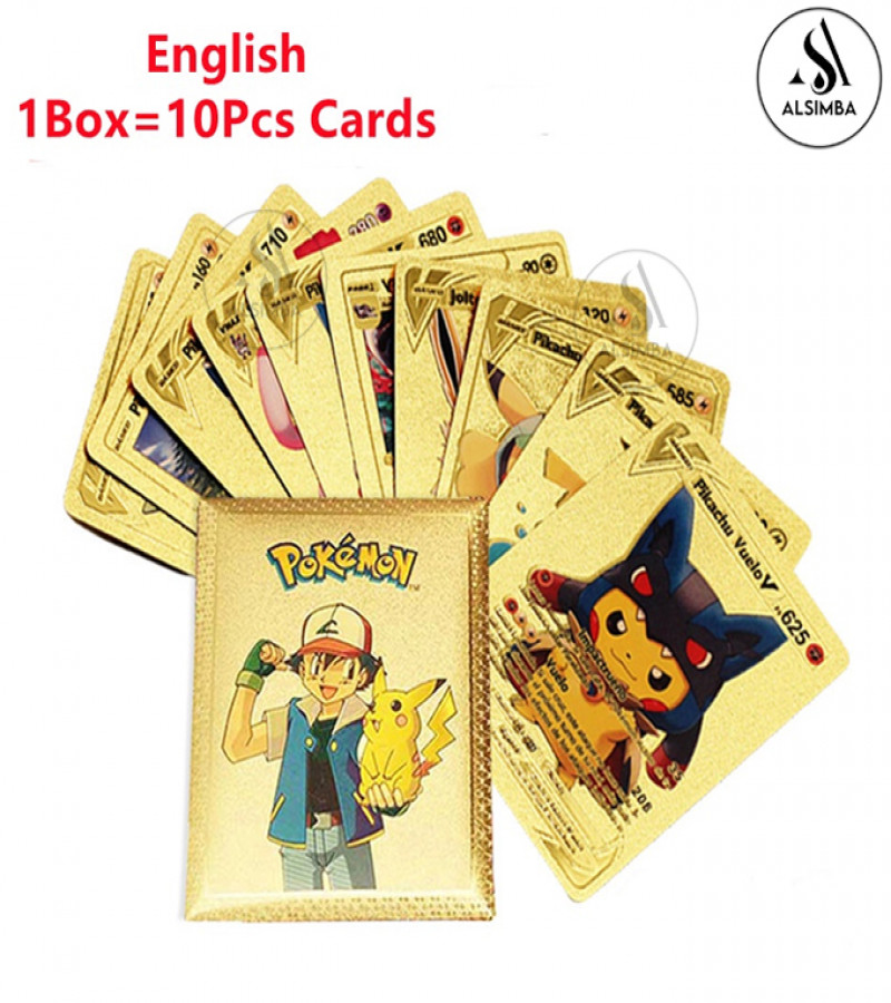 Alsimba 10 Pcs Pokemon Gold Foil Cards TCG English Version | Rare Anime Collectible Toy Gifts for Kids & Fans