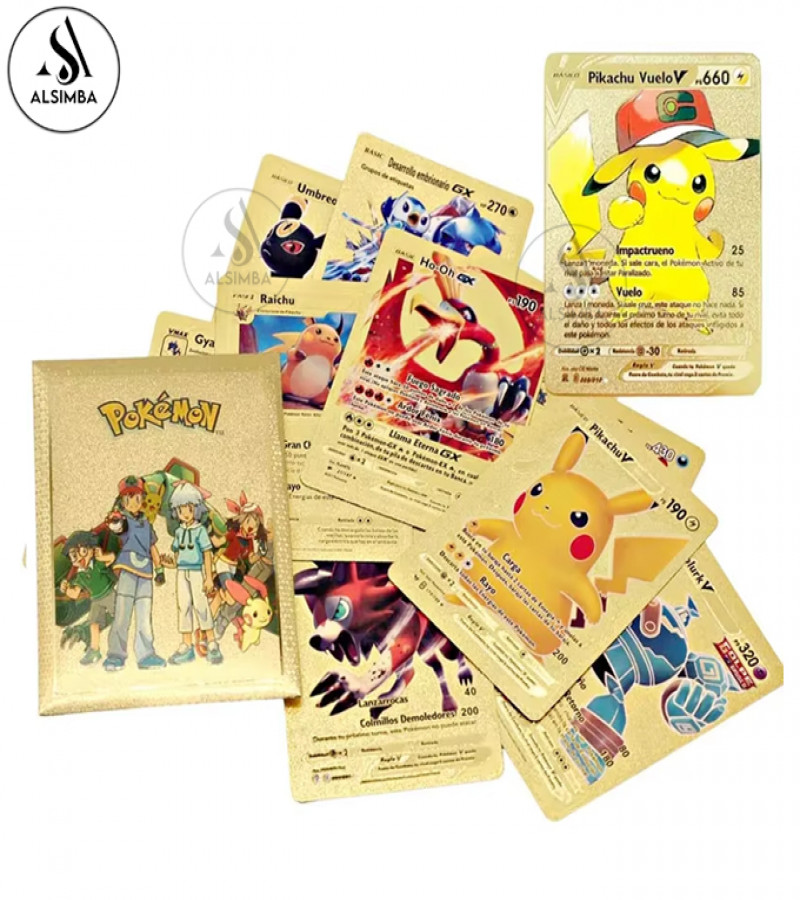 Alsimba 10 Pcs Pokemon Gold Foil Cards TCG English Version | Rare Anime Collectible Toy Gifts for Kids & Fans