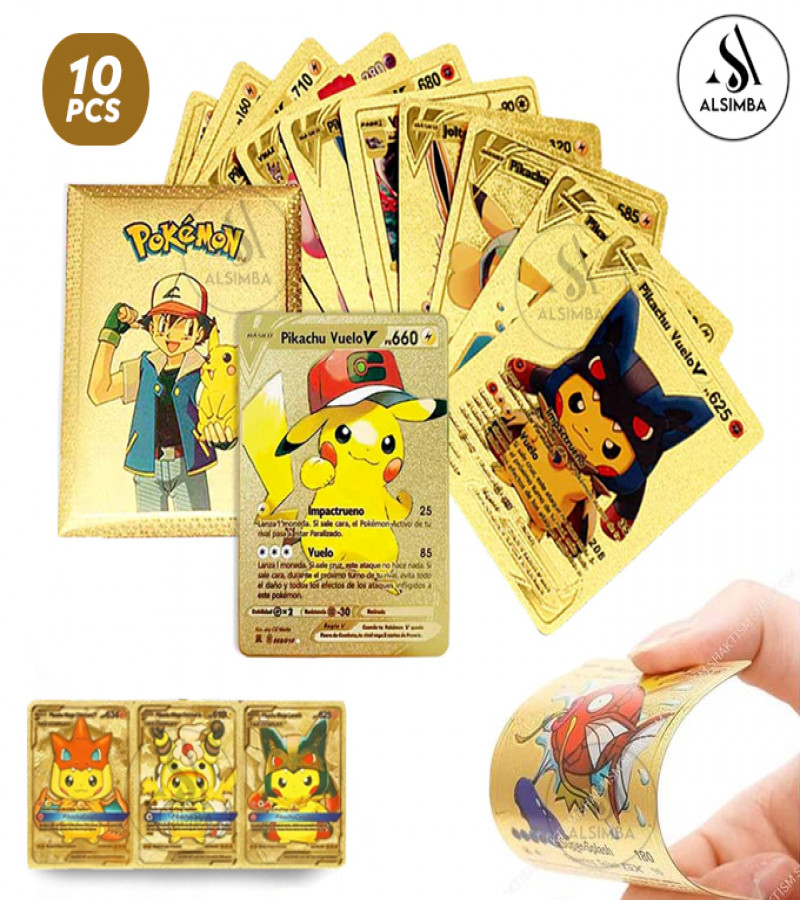 Alsimba 10 Pcs Pokemon Gold Foil Cards TCG English Version | Rare Anime Collectible Toy Gifts for Kids & Fans