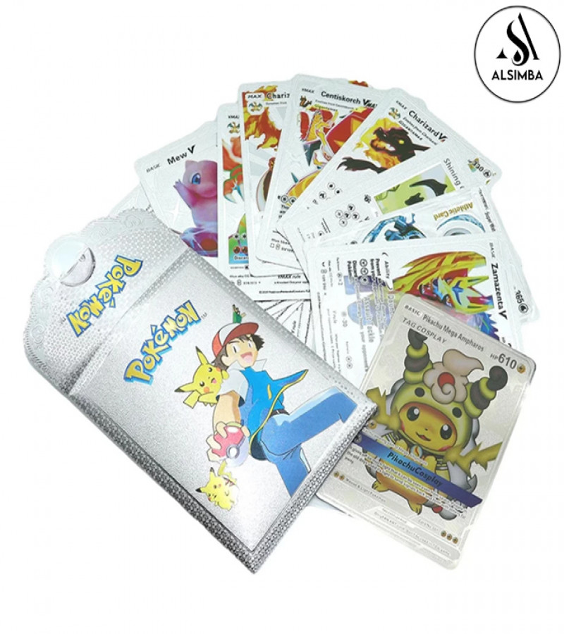 Alsimba 10 Pcs Pokemon Silver Foil Cards – Anime TCG Collectible Rare Cards for Kids Fans Gift Toy English Version