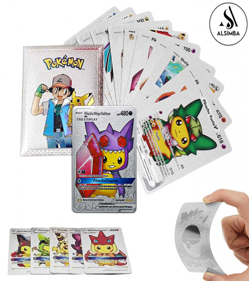 Alsimba 10 Pcs Pokemon Silver Foil Cards – Anime TCG Collectible Rare Cards for Kids Fans Gift Toy English Version