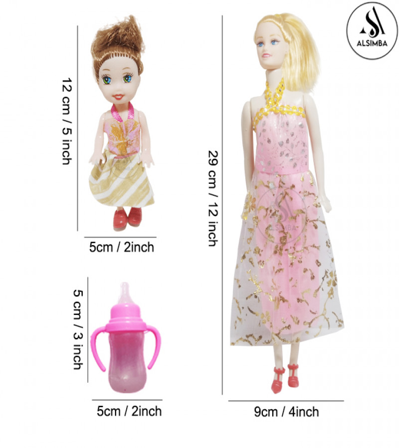 Alsimba 3 Pcs Barbie Doll Set with Baby, Feeder & Dress – Moveable Joints, Long Hair, Fashion Girl Toy Gift – 12 Inch