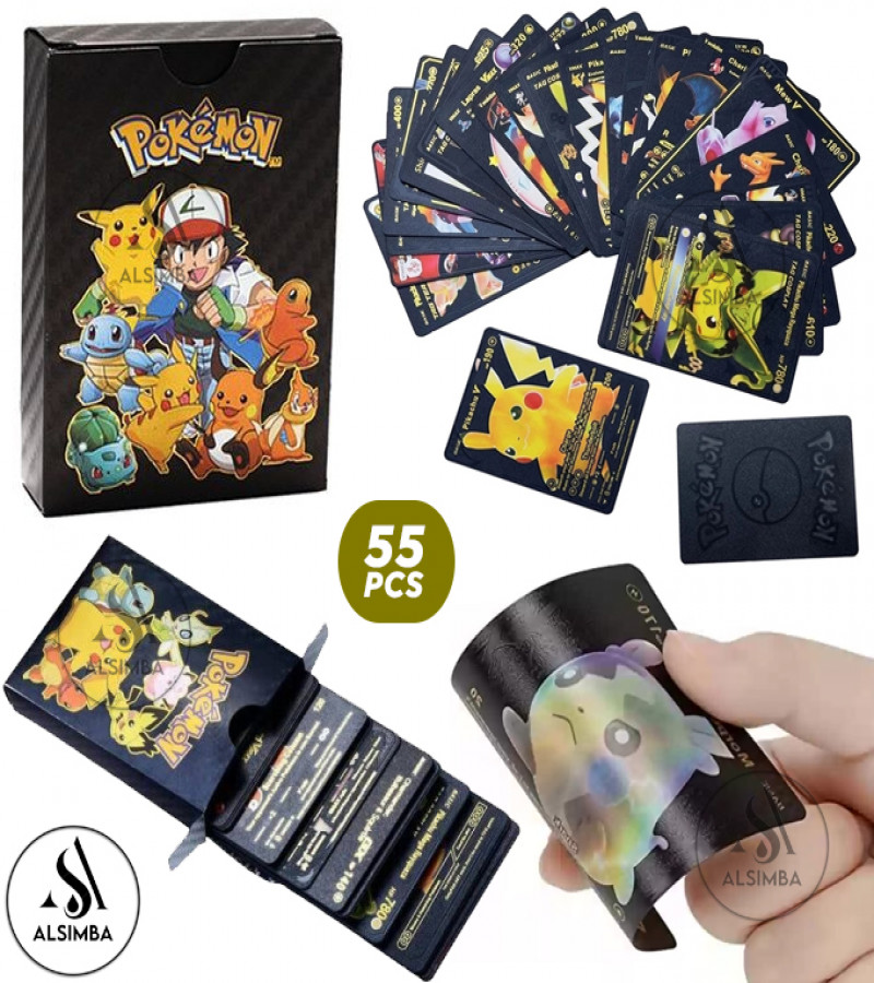Alsimba 55 Pcs Gold Foil Pokemon Cards TCG English Version – Rare Collector's Box for Fans & Kids – Black Edition