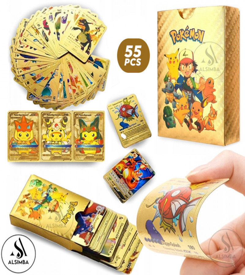 Alsimba 55 PCS Gold Foil Pokemon Cards Set – English Version TCG Rare Anime Cards for Kids & Fans – Gift Box Edition