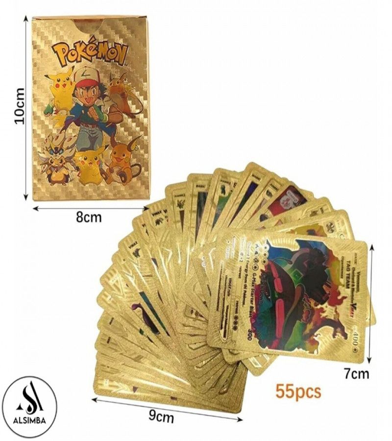 Alsimba 55 PCS Gold Foil Pokemon Cards Set – English Version TCG Rare Anime Cards for Kids & Fans – Gift Box Edition