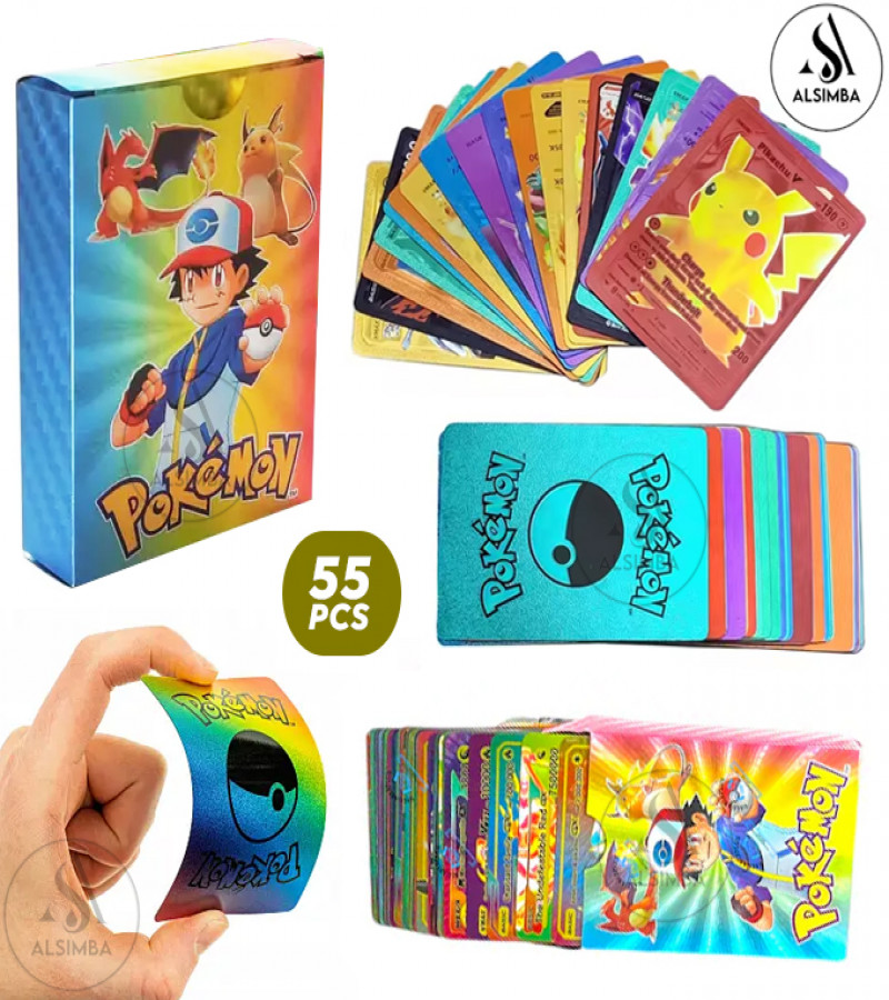 Alsimba 55 PCS Rainbow Foil Pokemon Cards - TCG English Version Rare Anime Cards Box for Kids & Fans Gift Collection