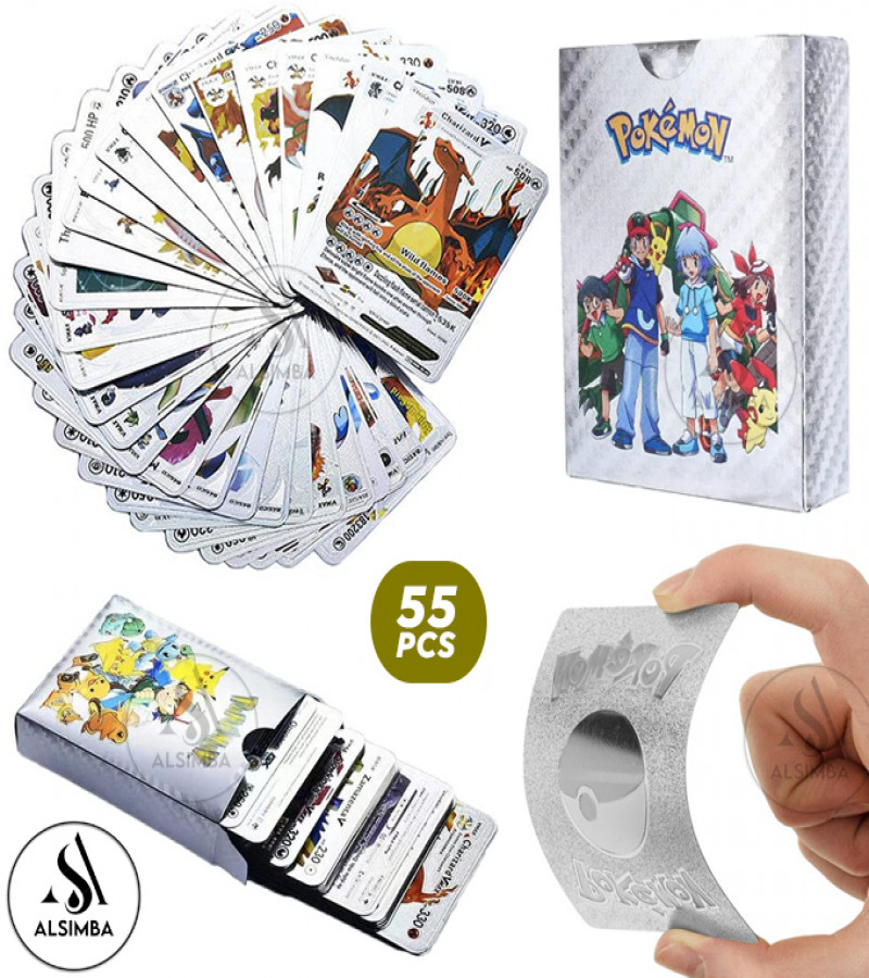 Alsimba 55 Pcs Silver Foil Pokemon Cards Box – Rare TCG English Anime Set for Kids & Fans – Collector Gift Edition