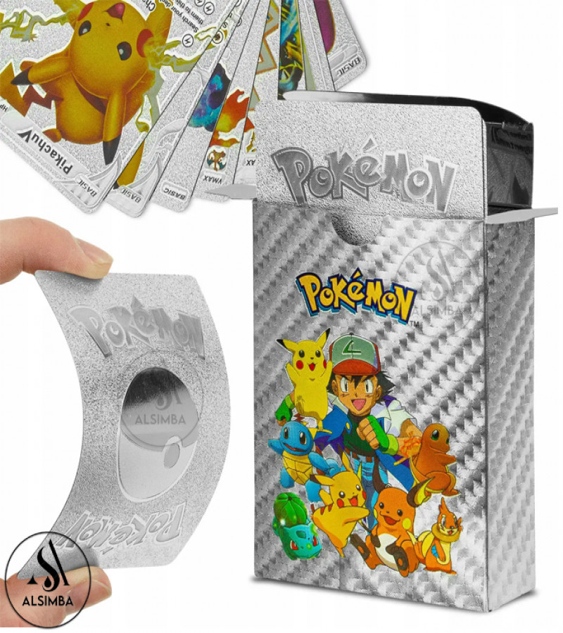 Alsimba 55 Pcs Silver Foil Pokemon Cards Box – Rare TCG English Anime Set for Kids & Fans – Collector Gift Edition