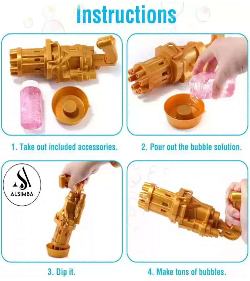 Alsimba 8 Hole Bubble Machine Massive Bubble Gattler Toygun With Bubble liquid for Kids Automatic Electric Bubble Maker Machine - Orange & Golden