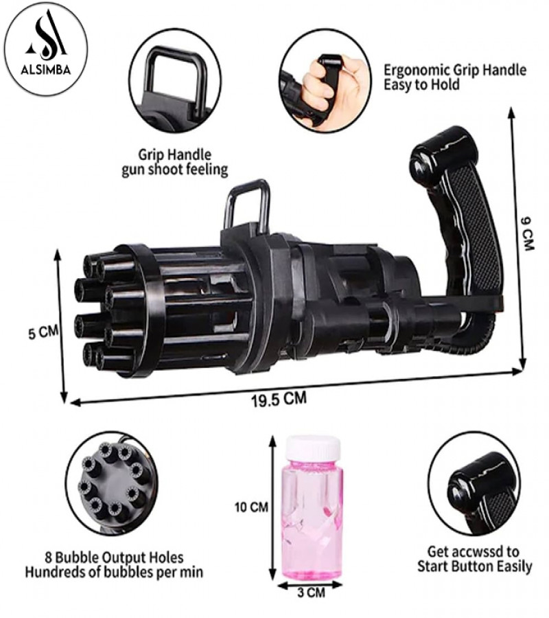 Alsimba 8 Hole Bubble Machine Massive Bubble Gattler Toygun With Bubble liquid for Kids Automatic Electric Bubble Maker Machine - Black