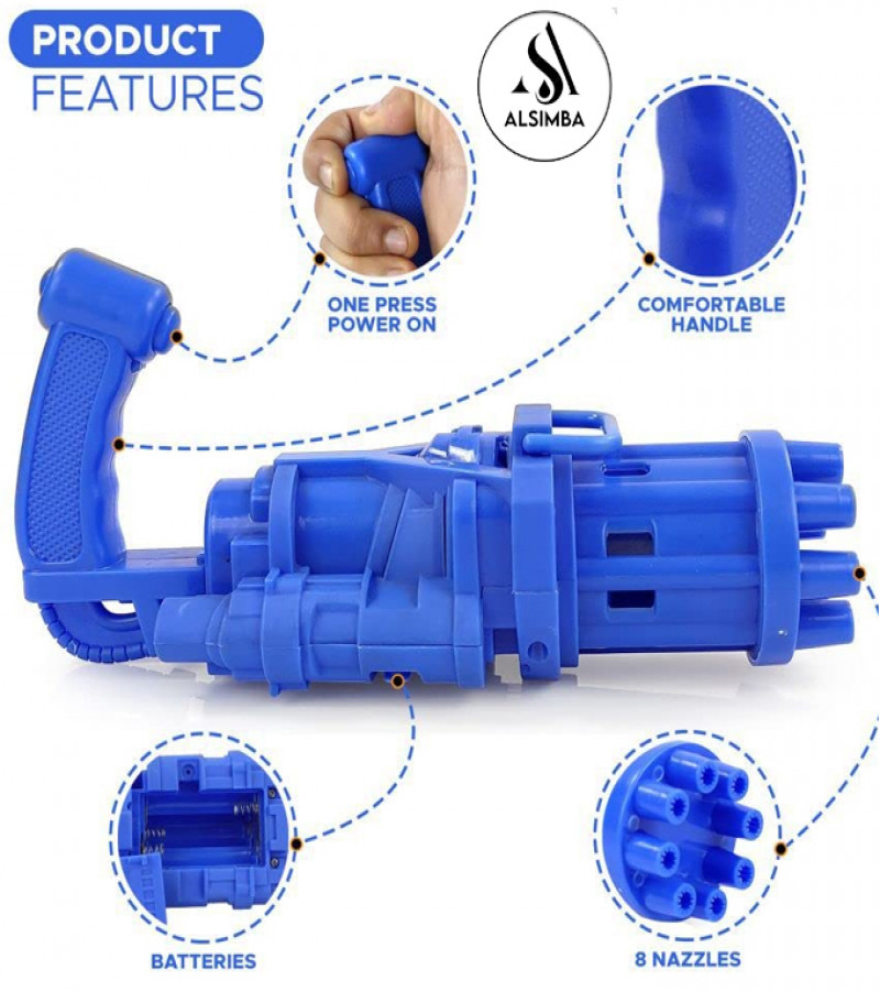 Alsimba 8 Hole Bubble Machine Massive Bubble Gattler Toygun With Bubble liquid for Kids Automatic Electric Bubble Maker Machine - Blue