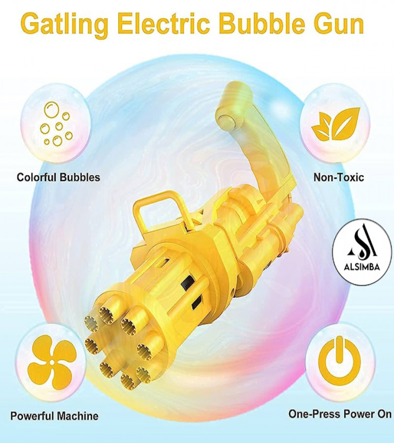 Alsimba 8 Hole Bubble Machine Massive Bubble Gattler Toygun With Bubble liquid for Kids Automatic Electric Bubble Maker Machine - Orange & Golden