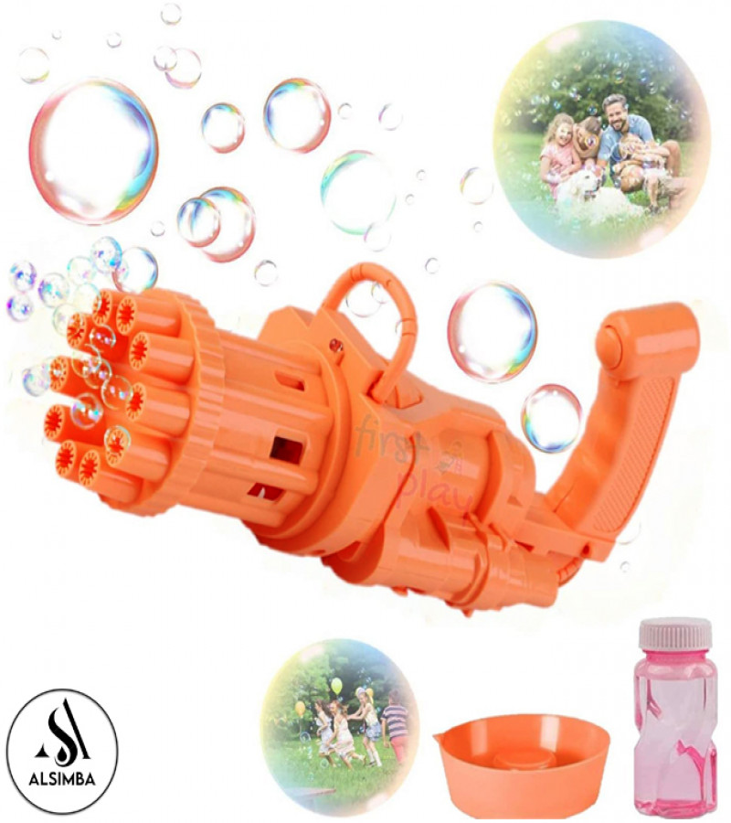 Alsimba 8 Hole Bubble Machine Massive Bubble Gattler Toygun With Bubble liquid for Kids Automatic Electric Bubble Maker Machine - Orange & Golden