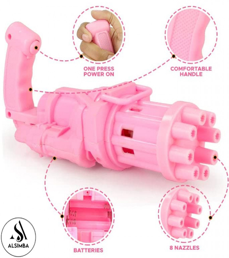 Alsimba 8 Hole Bubble Machine Massive Bubble Gattler Toygun With Bubble liquid for Kids Automatic Electric Bubble Maker Machine - Pink