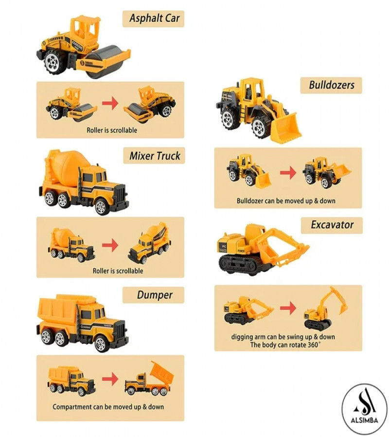 Alsimba 5 Pcs 1:64 Die-Cast Alloy Engineering Vehicle Set – Metal Body Toy Trucks for Kids – 3" Construction Cars