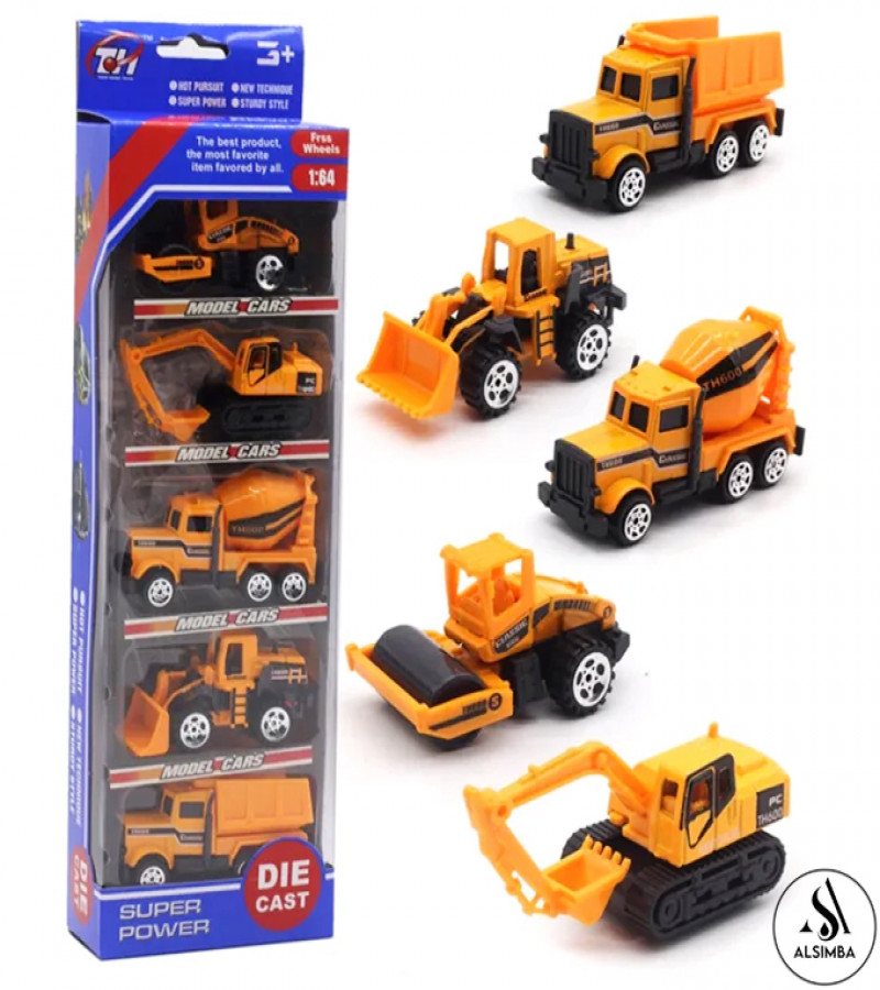 Alsimba 5 Pcs 1:64 Die-Cast Alloy Engineering Vehicle Set – Metal Body Toy Trucks for Kids – 3" Construction Cars