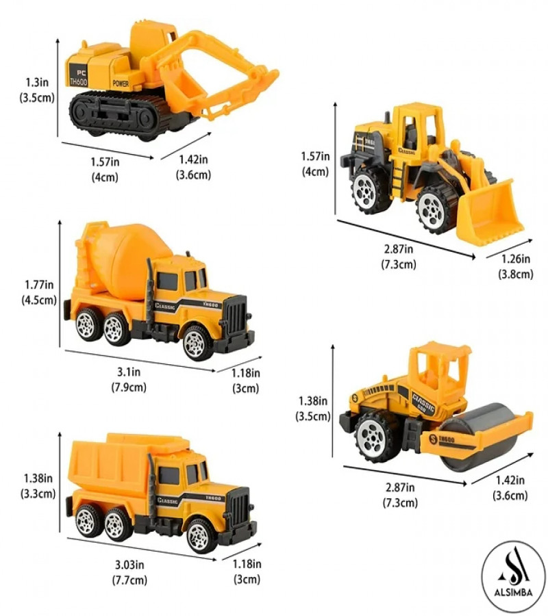 Alsimba 5 Pcs 1:64 Die-Cast Alloy Engineering Vehicle Set – Metal Body Toy Trucks for Kids – 3" Construction Cars
