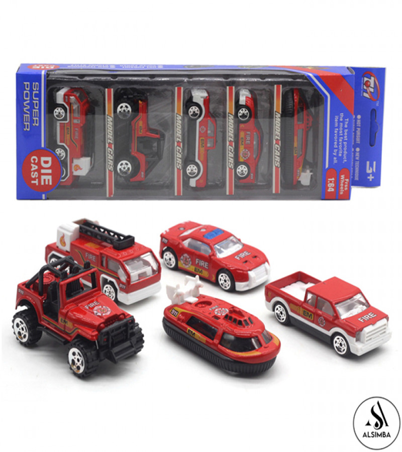 Alsimba 5 Pcs Fire Rescue Die-Cast Alloy Vehicle Playset 1:64 Scale Metal Toy Cars for Kids – 3" Emergency Trucks