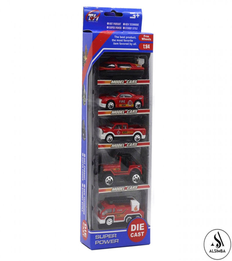 Alsimba 5 Pcs Fire Rescue Die-Cast Alloy Vehicle Playset 1:64 Scale Metal Toy Cars for Kids – 3" Emergency Trucks