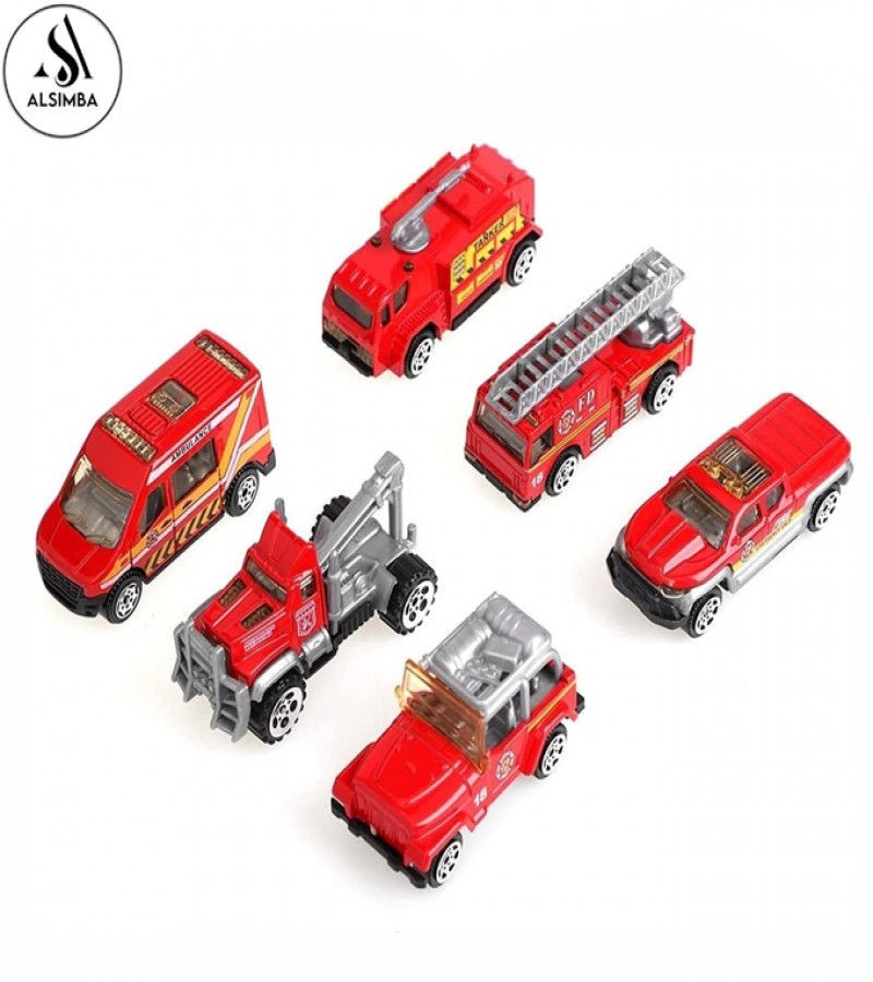 Alsimba 6 Pcs Fire Rescue Die-Cast Metal Vehicles Playset 1:64 Scale – 3" Alloy Toy Trucks Set for Kids – Durable Car Set