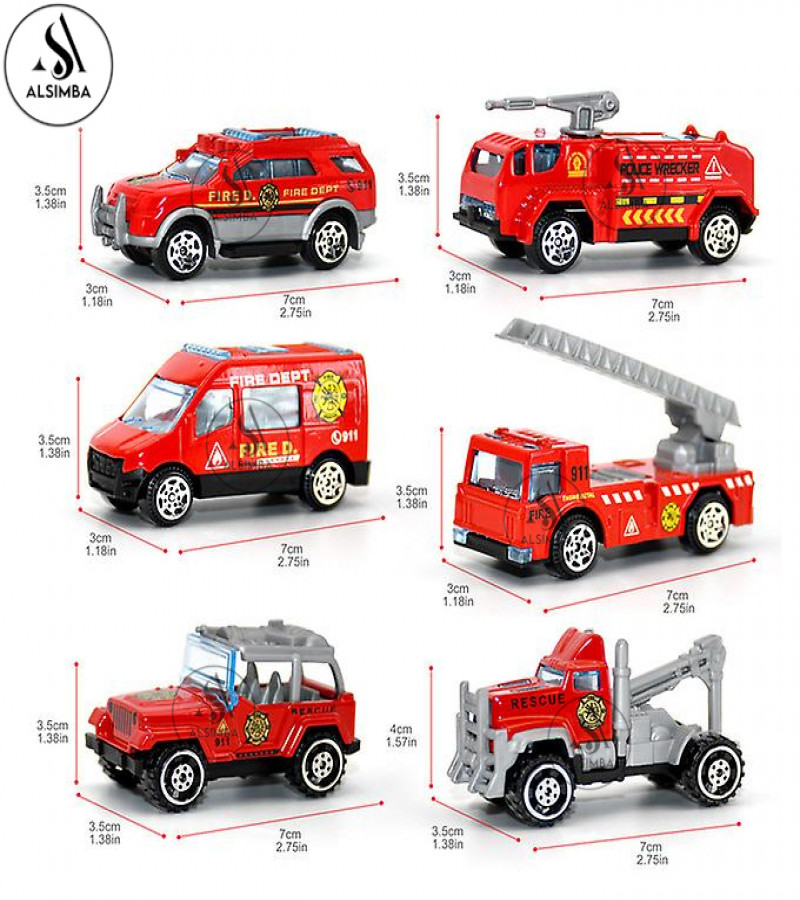 Alsimba 6 Pcs Fire Rescue Die-Cast Metal Vehicles Playset 1:64 Scale – 3" Alloy Toy Trucks Set for Kids – Durable Car Set