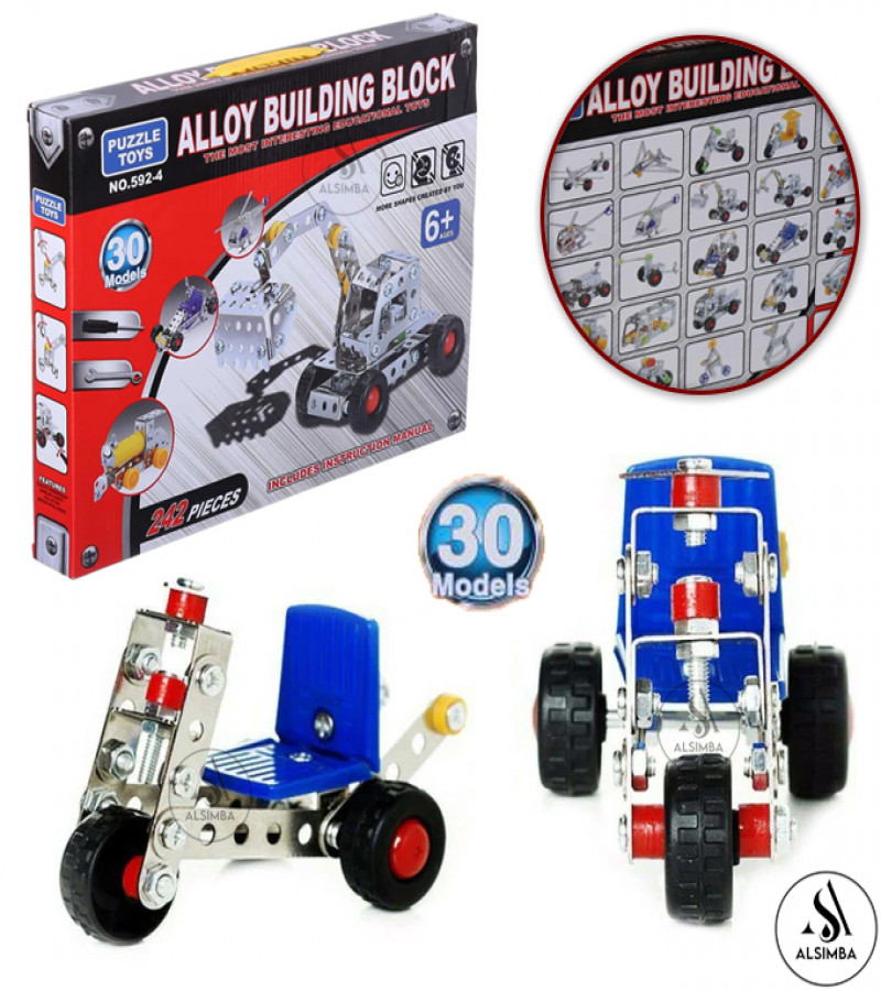 AAlsimba 242-Piece Alloy Mechanics Metal Building Blocks Set - 30 Model Construction Vehicles Kit for Kids & Teens