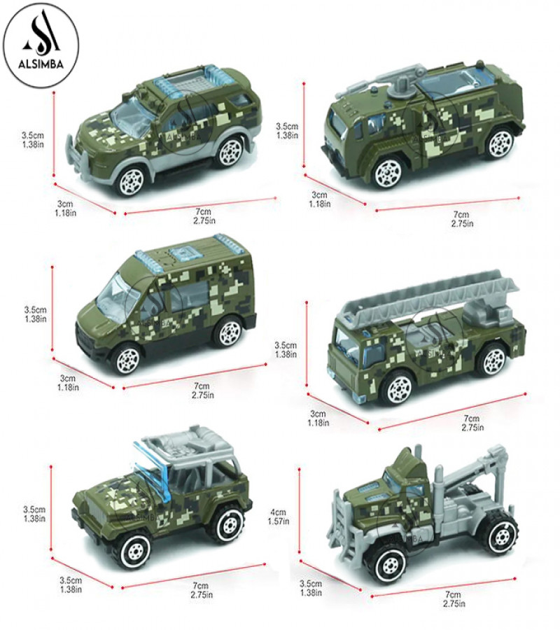 AAlsimba 6 Pcs 1:64 Die-Cast Military Army Alloy Vehicles Playset – 3” Metal Toy Cars – Kids Army Truck Model Set