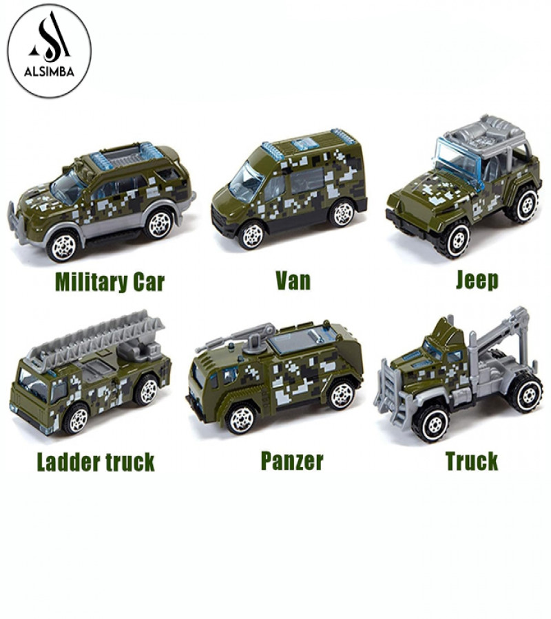 AAlsimba 6 Pcs 1:64 Die-Cast Military Army Alloy Vehicles Playset – 3” Metal Toy Cars – Kids Army Truck Model Set