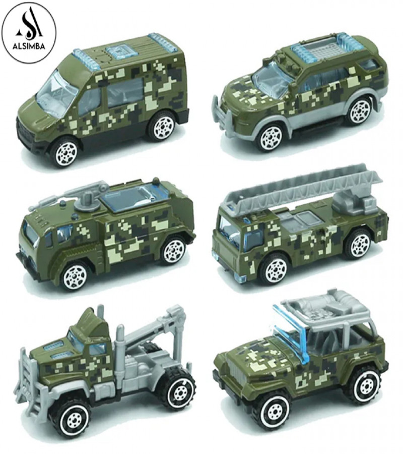 AAlsimba 6 Pcs 1:64 Die-Cast Military Army Alloy Vehicles Playset – 3” Metal Toy Cars – Kids Army Truck Model Set
